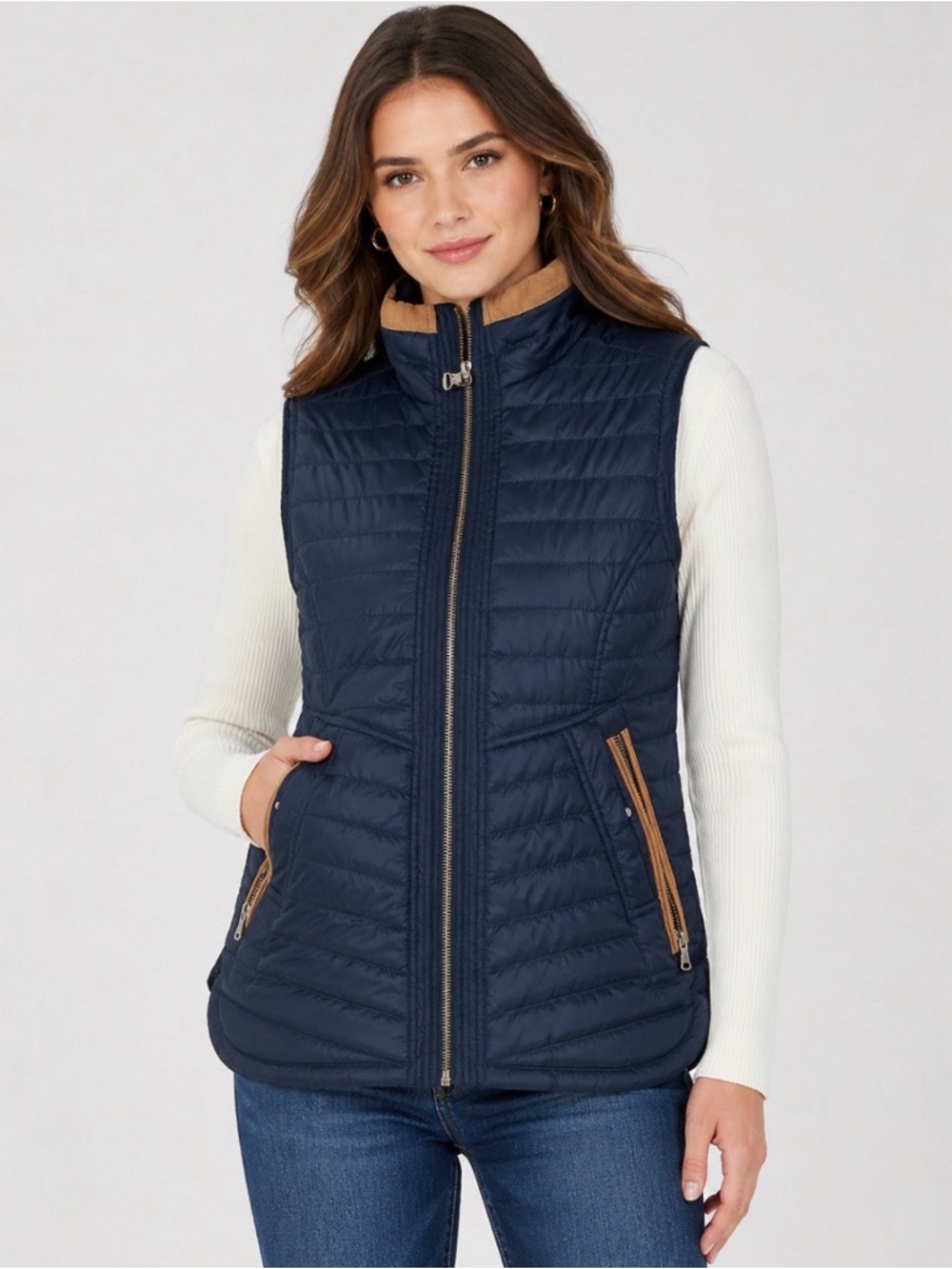 Vince Camuto Navy Blue Quilted Puffer Vest NWOT size XS Tan Trim